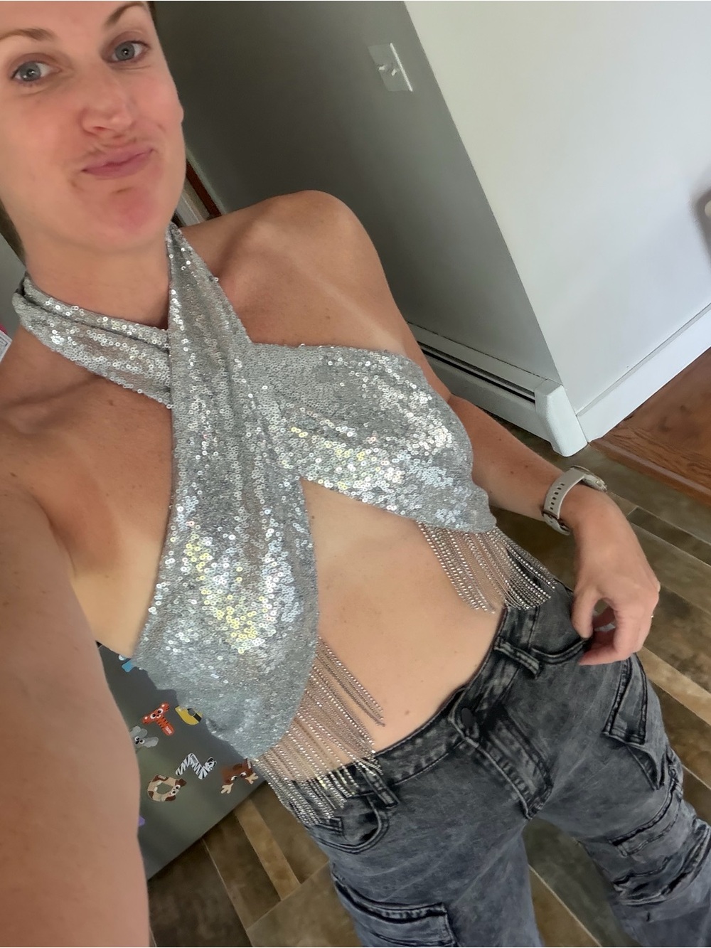 12th Tribe Silver Sequin Cross-Front Crop Top - Picture 2 of 2